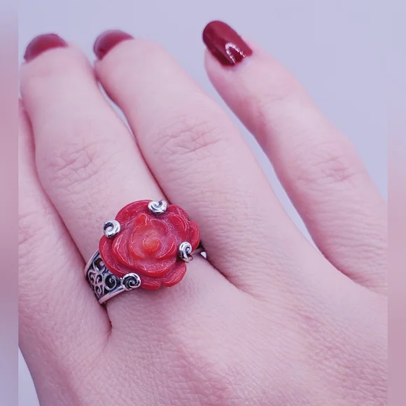 Vintage Coral Rose Ring 925 Sterling Silver Coral Ring Rose Ring